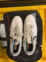 Top view of the white $ Speedfoam golf shoes showing overall condition and design