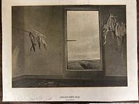 Monochrome print showing an empty room with seed corn hanging and a window view of a field, titled 'Seed Corn, 1948' by Andrew Wyeth with visible signs of age or wear.