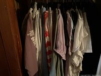 Photo of the lot showing several women's casual tops in muted colors hanging on hangers in a closet, including a recognizable The North Face logo on one top.