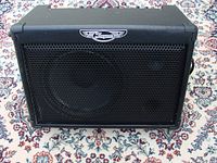 Front view of the Traynor TVM 50 amplifier showing black metal grille and Traynor logo.