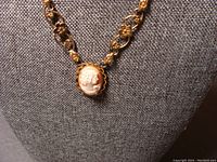 Full view of the cameo necklace on display, showing the detailed chain and the pendant centered.