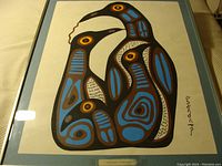 Full view of lithograph mounted on blue mat under glass