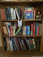 Photo showing a wooden bookshelf filled with assorted books including classic literature, trivia books, and Charlie Brown comics. Multiple small Charlie Brown and Peanuts figurines appear on the top right corner of the shelf.