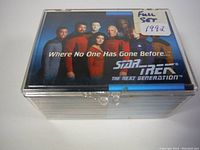 Plastic case with front label showing group photo of Star Trek The Next Generation cast and text "Where No One Has Gone Before... Star Trek The Next Generation" indicating the complete 1992 full card set.