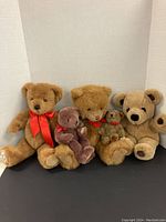 Five teddy bears displayed in a white backdrop, three large around 12 inches, two smaller including Gund bear.