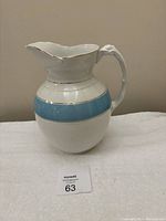 Side profile image of the antique pitcher showing white body, teal stripe, gold trim, and elegant curved handle.