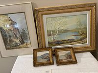 Four framed paintings arranged showing all artwork; medium-sized watercolour by B. Trimble, larger oil by Erkki Jalava, two smaller N. Watson paintings
