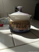 Side view of salt cellar showing 'HAWAIIAN SALT' text and glazing colors.