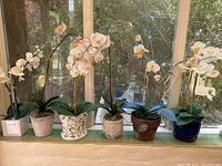 Six faux orchid plants in individual decorative pots displayed in a row on a windowsill.