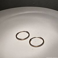 Close-up photo of the pair of mini gold hoop earrings laid flat on a light-colored surface. Hoops appear smooth with a subtle shine, showing their hollowed construction.