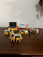 Full classroom set displayed showing desks, stools, chalkboard, map, and 5 figures arranged to simulate classroom scene.