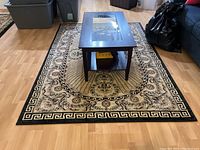 Full view of the Turkish area rug under a rectangular coffee table on light wood flooring
