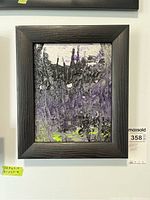 Framed original painting with textured acrylic oil artwork blending black, purple, and neon yellow colors.