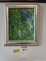 Front view of the framed original acrylic oil painting showing green and yellow textured brush strokes.