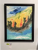 Full view of framed painting showing landscape with textured blue sky, yellow hill, and abstract trees.