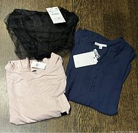 Lot of three women's shirts, size small, folded on a wooden floor. The shirts include a black sheer top, a light pink short sleeve T-shirt, and a navy blue blouse.