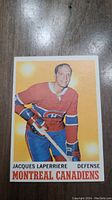 Front of 1970 Jacques Laperriere hockey card with player photo and team name.