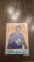 Front side of 1970 Ron Ellis OPC hockey card with player portrait and team name.
