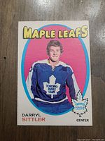 Front of 1971 Darryl Sittler OPC hockey card showing player image and team information.