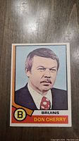 Front side of 1974 Don Cherry OPC hockey card showing portrait photo of Don Cherry as Boston Bruins coach with Bruins logo and card number 161.