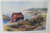 Close-up of the watercolour painting showing detail of the red cabin, boat, and coastal landscape.