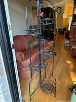 Full view of black wrought iron multi-tier plant stand showing all six circular plant holders and arched frame structure.