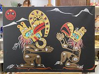 Full image of Indigenous painting showing two kneeling spirit dancers in traditional style with background elements.