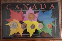 Photo of 1994 Canadian collector coin set with five coins arranged on colorful maple leaf shapes and 'CANADA' text.