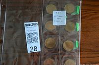 Ten 1987 Canadian Loonie coins laid in a transparent sleeve with a note stating '1987 1st year for Loonie'