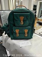 Green picnic backpack closed with front leather-like buckle strap pockets