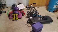 Overview of the exercise equipment lot including mini stepper, step platform, weights, and accessories.