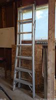 Full view of the 6 foot aluminum extension ladder leaning against a wall near a window.