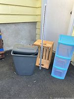Fellowes P-600C shredder, wood crate and Sterilite 3-drawer storage unit shown together for scale
