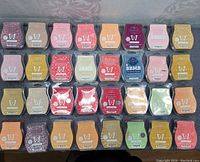 Top-down view of all 32 Scentsy wickless candle bars laid out in rows showing colors and labels.