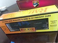 The box front showing the Rail King branding and military freight car inside with a window display.