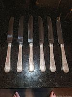 Top view of all six knives arranged side by side showing the length and ornate handles