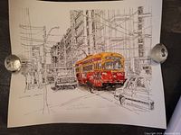Full view of the unframed lithograph depicting a streetcar in an urban setting with buildings, cars, and pedestrians