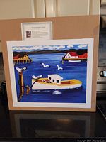 Lithograph print showing full artwork featuring harbor scene with boats, seagulls, and buildings on water.