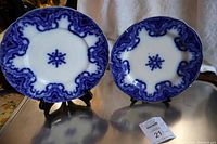 Two Knox flow blue plates displayed on stands showing front face with intricate cobalt blue flow patterns and central star motif