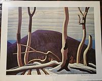 Full view of the lithograph showing the stylized winter forest and mountain landscape with trees in the foreground and purple mountains in the distance.
