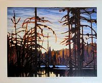 Lithograph print of 'Beaver Swamp, Algoma' by Lawren Harris with handwritten title, signature, and edition number.