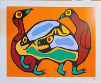 Full view of the colorful woodland creature lithograph on orange background, showing bold colors and animal designs.