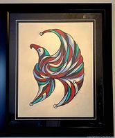 Frontal view of the framed original Indigenous painting featuring bird design in multicolor and signed Don Chase.