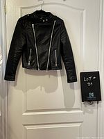 Front view of black leather jacket hanging on door, showing full zipper and pocket details.