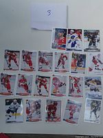 Top-down view of twenty hockey cards fanned out on a white background, showing front images of players from multiple teams.