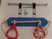 Full view of the indoor swing/trapeze set showing the blue trapeze bar with red hand grips, ropes, chrome metal mounting bar, straps, and mounting hardware