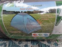 Photo showing the labeled packaging of a single Yodo Outdoor Casual 2-person tent with a dome shape and front screen for ventilation.