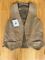 Brown wool vest laid flat showing front with five button closure and two front pockets.