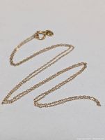 Full length of the delicate gold chain necklace laid on a white surface showing the entire chain and clasp.