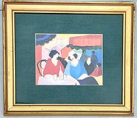 Front view of framed serigraph by Itzchak Tarkay, showing the full artwork, green matting, and gold frame.